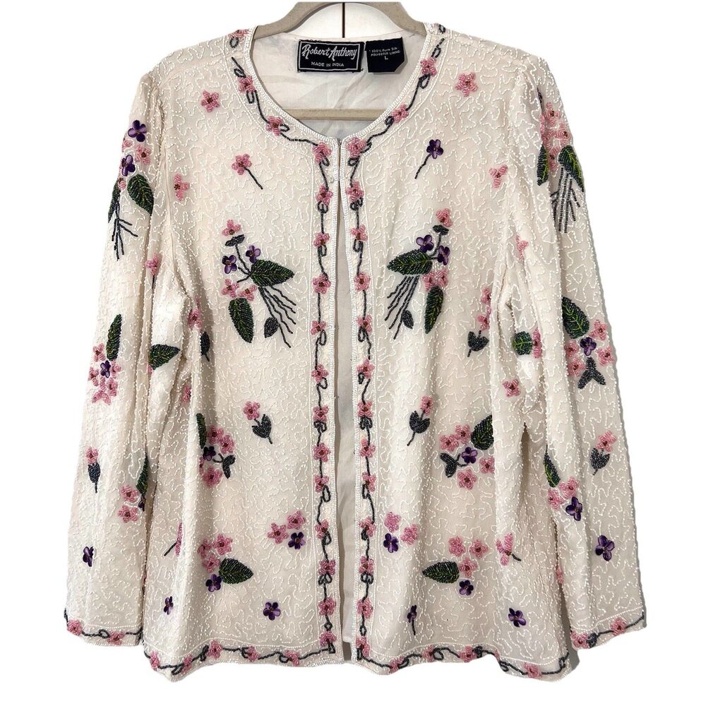 Vintage Robert‎ Anthony Evening Jacket Women's L Pure Silk Beaded Floral Event